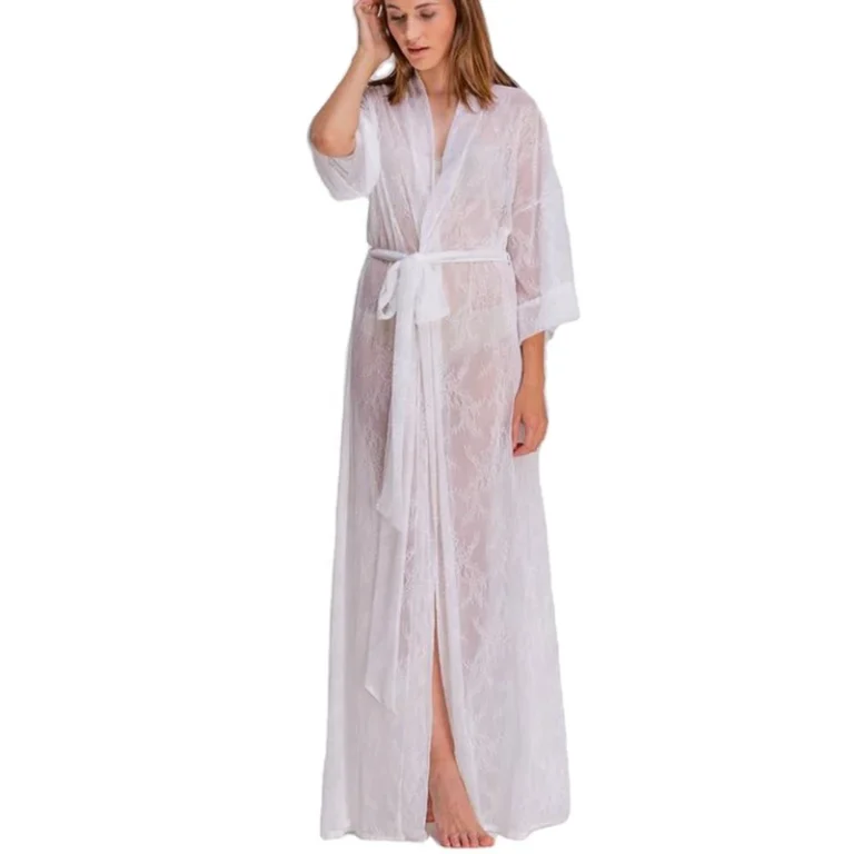 CHINEE Bride Lace Robe Kimono White Silky Long Women Vintage Wedding Lingerie Bridesmaid Sleeping Gown for Bride