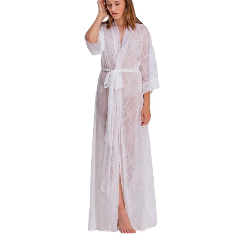 CHINEE Bride Lace Robe Kimono White Silky Long Women Vintage Wedding Lingerie Bridesmaid Sleeping Gown for Bride