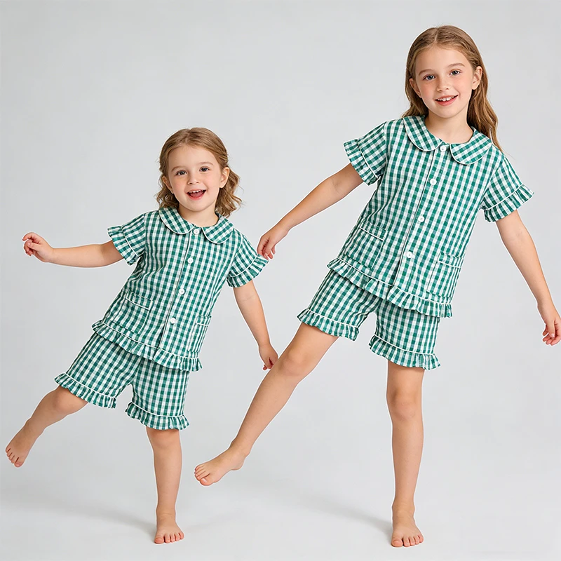 CHINEE Bubble Yarn Kids Pajamas Kids Sleepwear Toddler Clothes Short Sleeve Clothing Summer Children Boys Girls Pajama Set