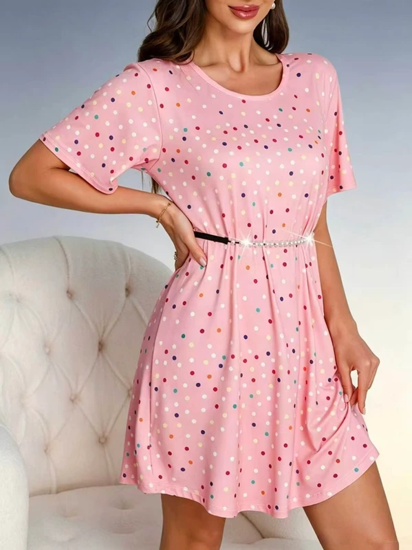 CHINEE Bulk Supply Ladies Milk Silk Nightgown 917 Polka Dot Short Sleeve Midi Dress Sleepwear Casual Loungewear