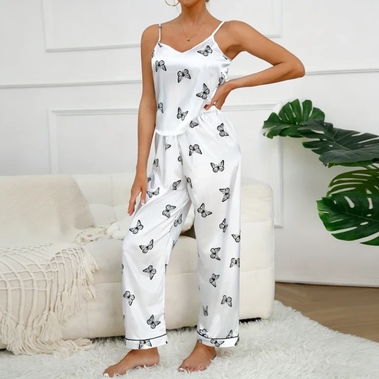 CHINEE-Butterfly-Print-Satin-Pajama-Sets-Elegant-Two-Piece-Loungewear-Set-Including-Camisole-And-Trousers