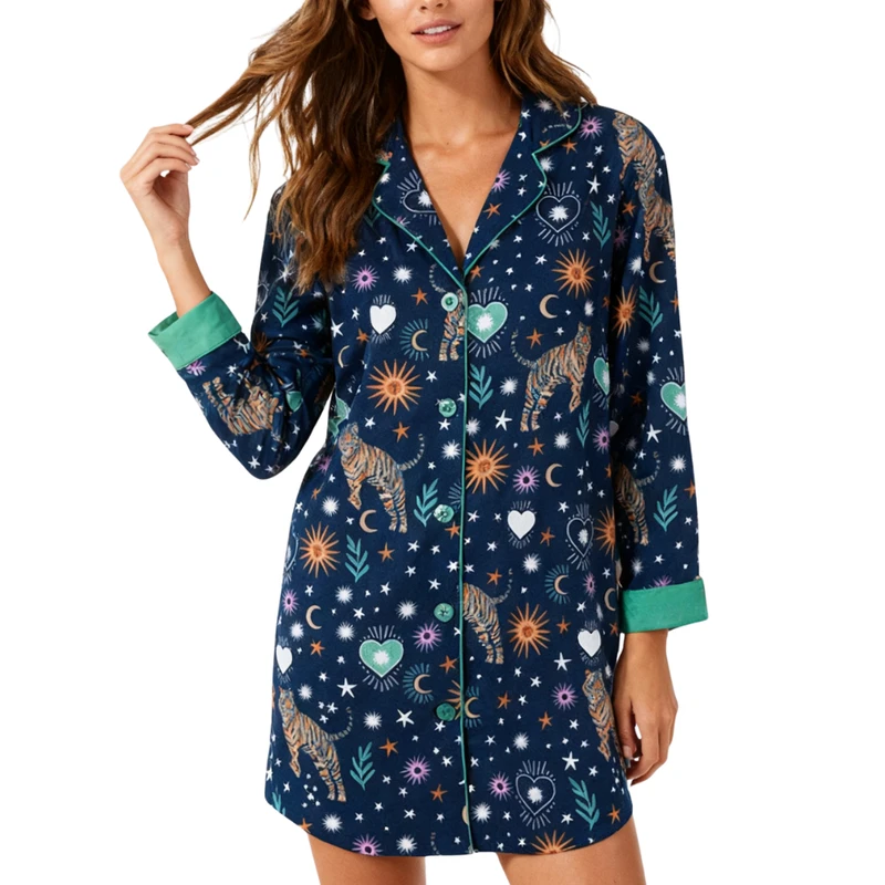 CHINEE Button Shirt Pajama Nightwear Womens Sexy Print Pure Cotton Pajamas Top Button Shirt Sleepwear