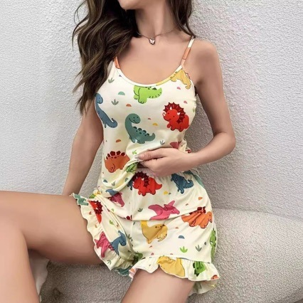 CHINEE Cartoon Dinosaur Print Summer Camisole and Ruffle Trim Shorts Polyester Loungewear Pajama Set for Cross Border Sales