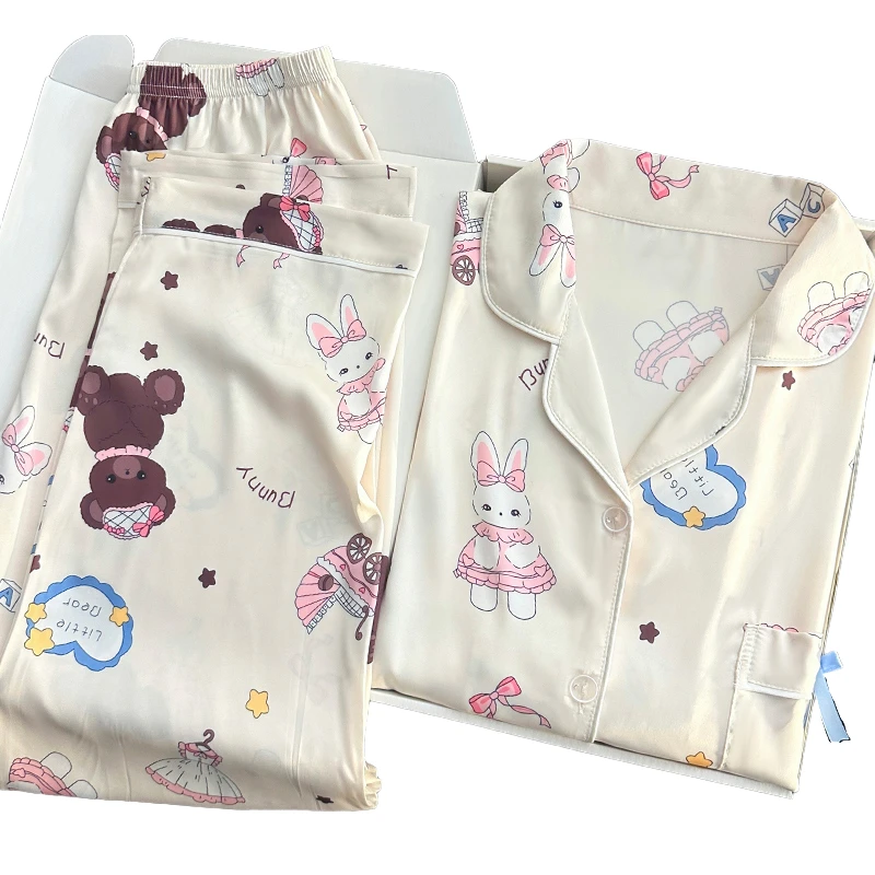 CHINEE Cartoon Fashionable Casual Pajamas for Ladies Comfortable Satin Loungewear Suit Women's Home Clothes Pajama Set
