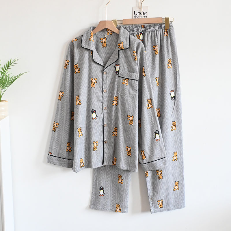 CHINEE Cartoon Men's Home Wear Turn-down Collar Long Sleeve Trousers Sleepwear Leisure Pajamas Set