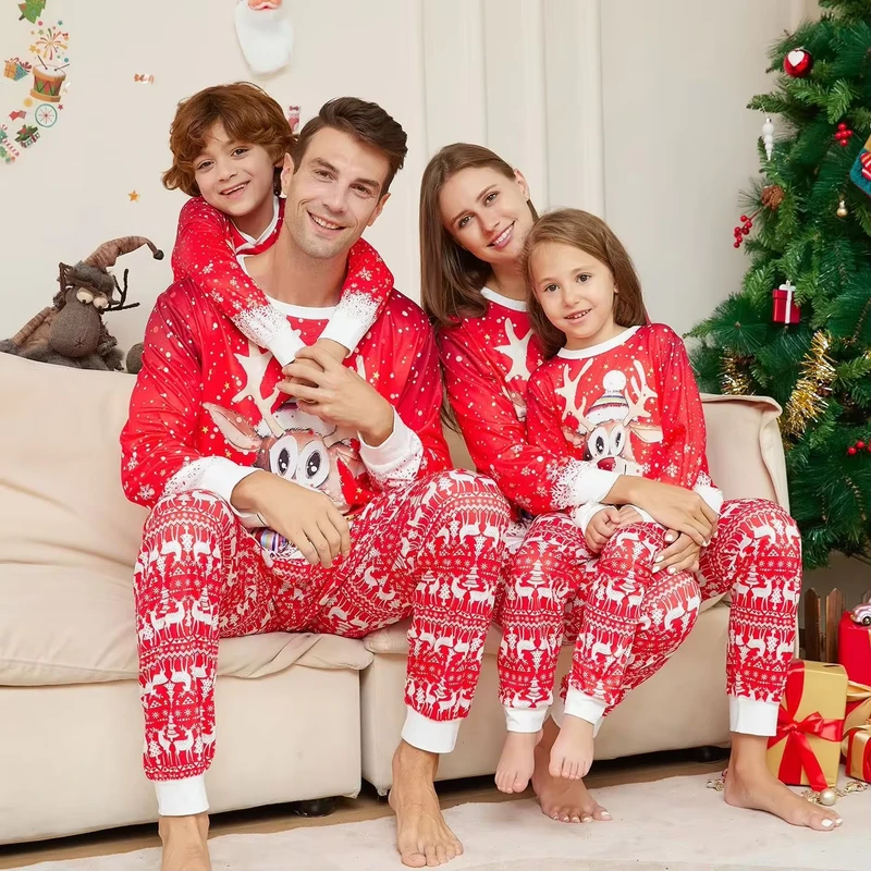 CHINEE Casual Fashion Snowflake Christmas Family Matching Pajamas Set Polyester Cotton Blend Thermal Long Sleeve All Season Home Wear