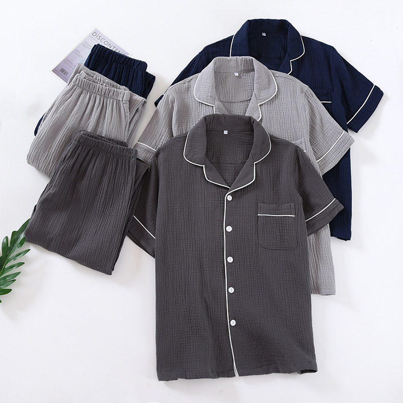 CHINEE Casual Loose Fit Cotton Men's Pajamas Set Spring Autumn Double Gauze Breathable 100% Cotton Pajamas Sets