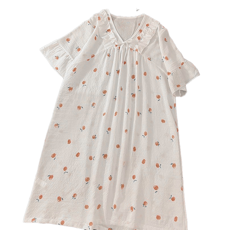 CHINEE Casual Loose Woven Crepe Fabric Summer Nightdress Floral Print Pajamas Night Sleep Nightie Women Home Comfort Wear