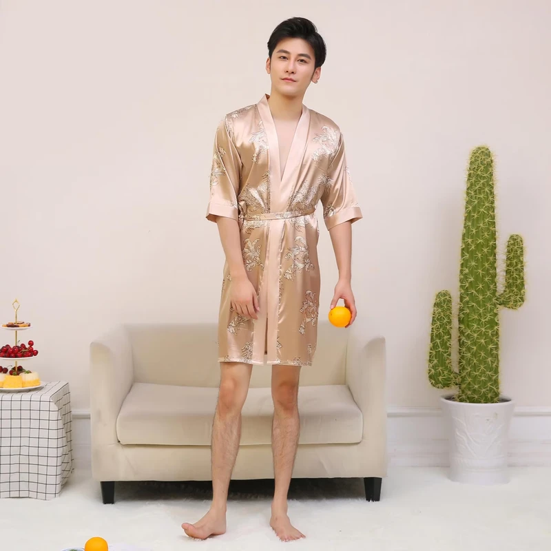 CHINEE Casual Luxury Soft Polyester Satin Men Pajamas Long Sleeve Sleepwear Summer Animal Pattern Robe