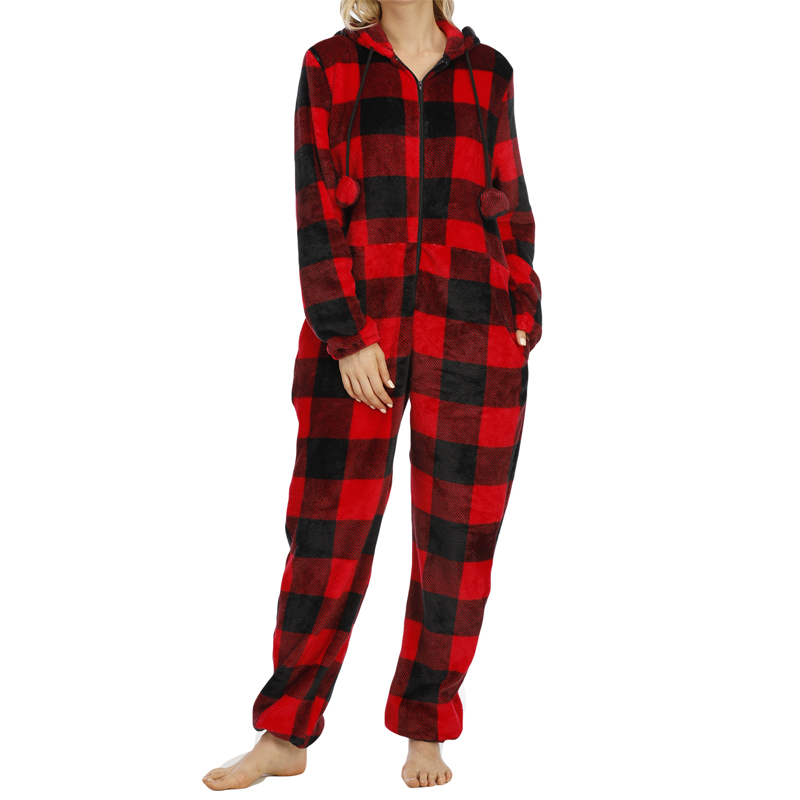 CHINEE Casual Trends Classical Plaid Sleepwear Women's Flannel Plaid Hooded Onesie Home Wear Leisure Wear Pure Cotton Women Pajama