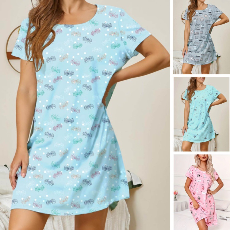 CHINEE Casual Women's Cotton Nightgown Sleepwear Short Sleeves Nightshirt Print Sleepdress Loose Comfy Pajama