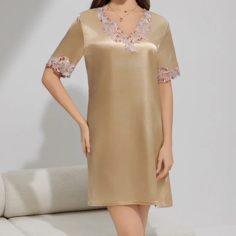 CHINEE-Casual-Womens-Summer-Satin-Short-Sleeve-V-Neck-Nightgown-with-Elastic-Waist-Knee-Length