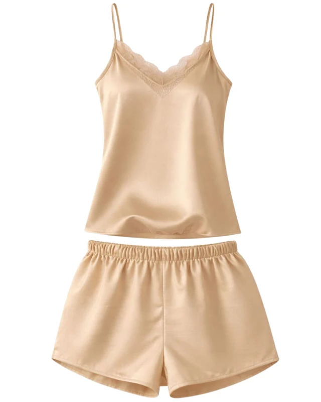 CHINEE Champagne Satin Camisole Shorts Set Women Sleepwear Lace Trim Spaghetti Strap Soft Breathable Summer Nightwear Lounge Pajama Set