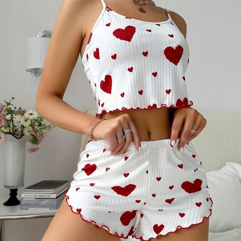 CHINEE Cherry Floral Print Knitted Home Wear Front Slit Halter Camisole Pajamas Set