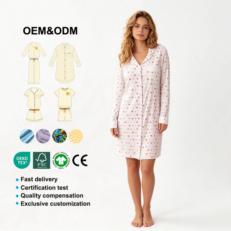 CHINEE Chic Print Bamboo Sleepwear Long Sleeve Ultra Soft Lounge Wear for Women Eco Friendly & GOTS Certified Pajamas Ladies Nightdress