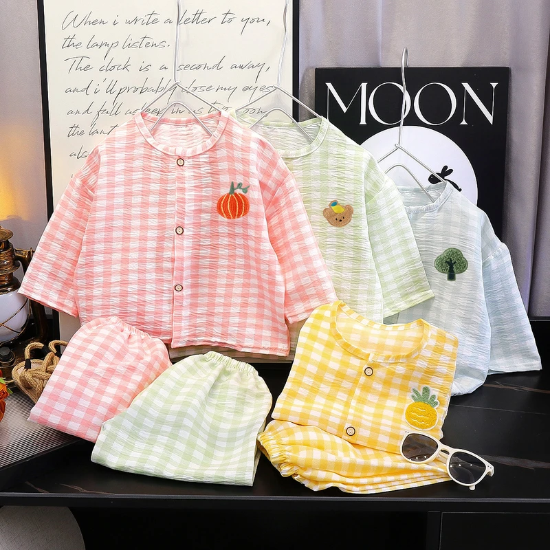 CHINEE Children Pajama Top Pants Spring Autumn Two piece Set Cloud pattern Polyester Boys Girls Summer Cardigan Cartoon Loungewear