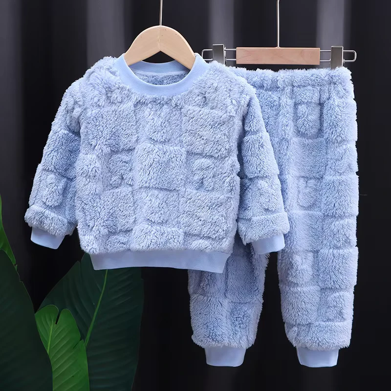 CHINEE Children's Autumn and Winter Pajama Set, Baby Plush and Thickened Home Clothing
