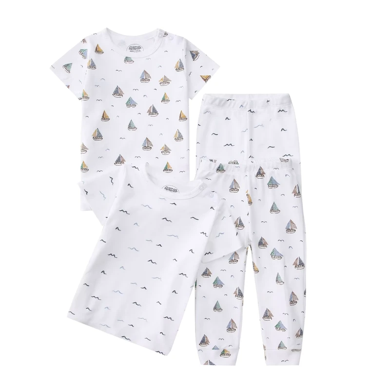 CHINEE Children's Clothing 4 Pieces Cotton Pajama Set Short Sleeve T Shirt Trousers Kids Sleep Wear