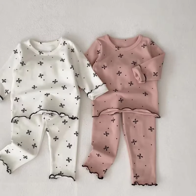 CHINEE Children's Pajamas Set Bow Printed Toddler Girls Long sleeved Home Wear Clothing Cute Soft Kids Sleepwear