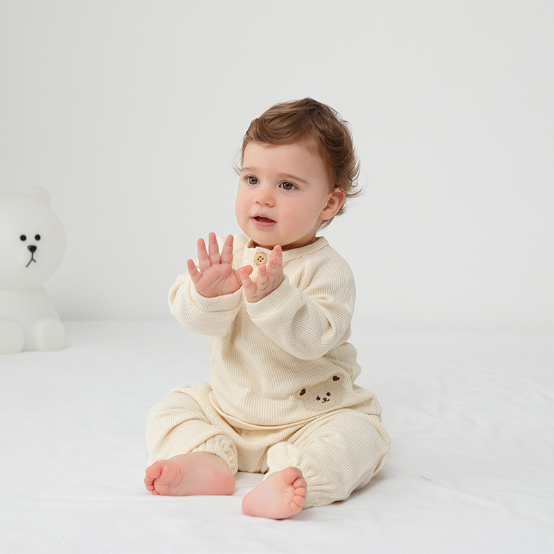 CHINEE Children's Solid Color Cotton 2 Piece Single breasted Pajama Set Boys Girls Autumn Winter Spring Seasons Softening Treatment