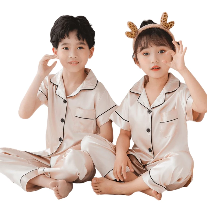 CHINEE Children's Summer Breathable Satin 2 Piece Pajama Set Short Sleeve Shorts for Boys and Girls Home Clothing Pijamas De Bebé