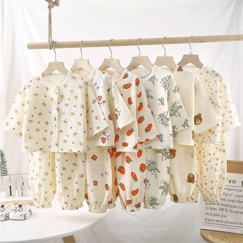 CHINEE Children's Thin Double Cotton Fabric 0-8 Years Old Boys' Pajamas Summer Girls' Homewear Boys' Baby Long Sleeve Bloomers Set