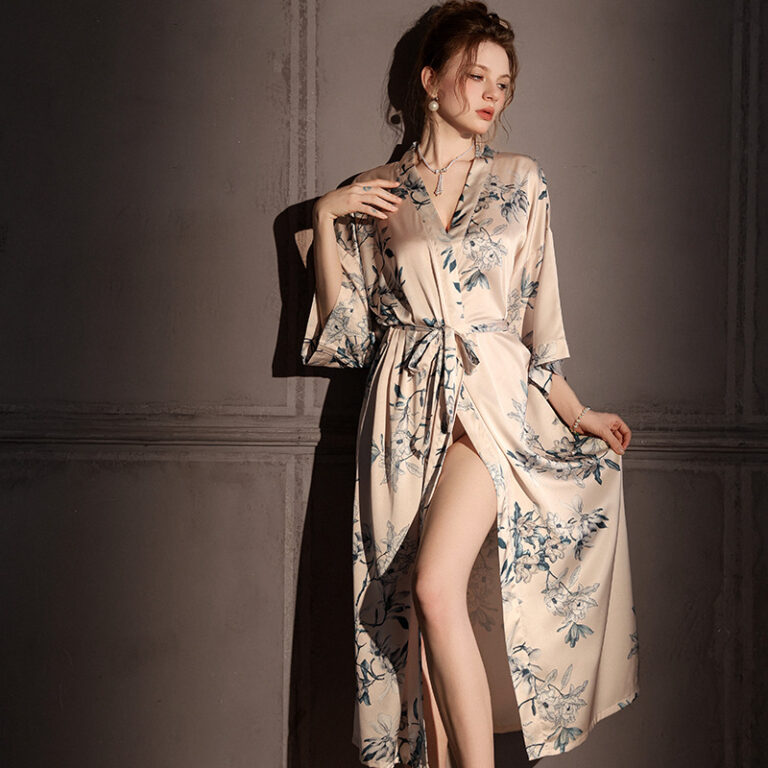 CHINEE Chinese Style Women's Casual Soft Spring Autumn Summer Long High Grade Satin Ice Silk Thin Bathrobe Morning Robe