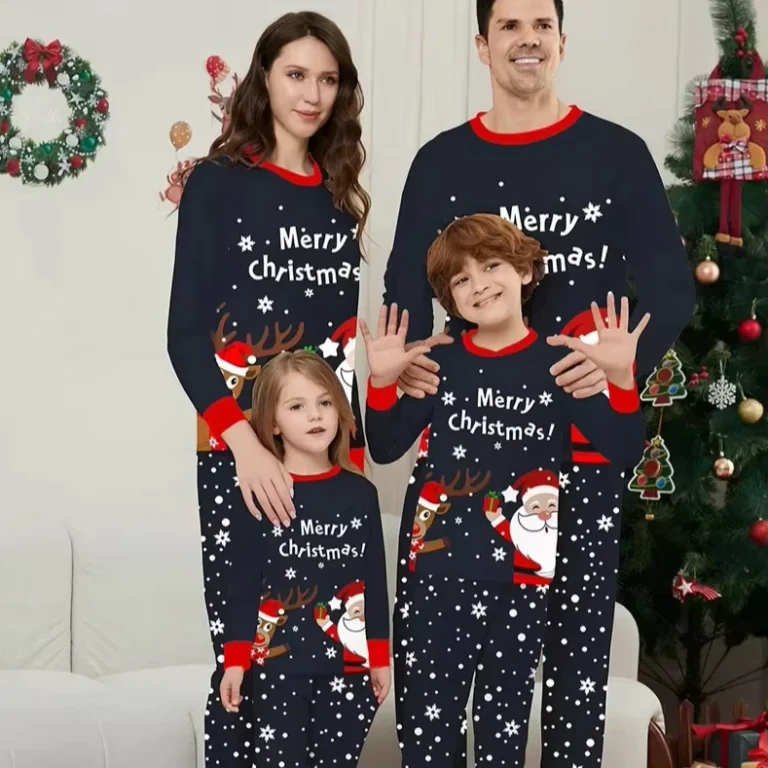 CHINEE-Christmas-Cartoon-Print-Family-Matching-Pajamas-Elegant-Elastic-Waist-for-Mother-and-Kids