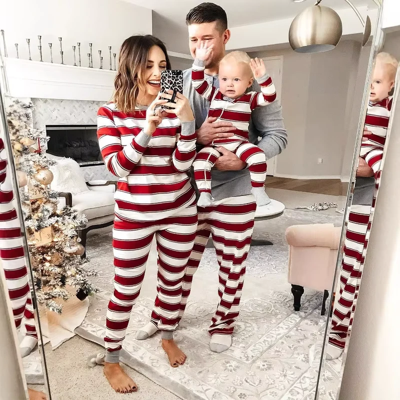 CHINEE Christmas Family Matching Home Set Striped Pajamas Long Sleeve Round Neck Casual ODM Homewear Parent Kid Xmas Outfit