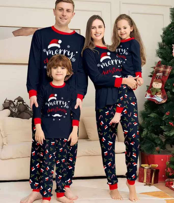 CHINEE Christmas Family Matching Pajamas Cross Border Loungewear with Santa Hat and Candy Cane Print