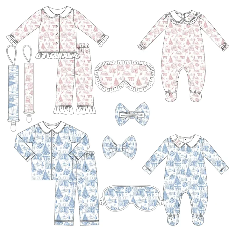 CHINEE-Christmas-Family-Matching-Pajamas-Pink-and-Blue-Toile-Print-Toddler-Girl-and-Boys-Shower-Gift-Set-Embroidery-Cotton-Kids-Pyjamas