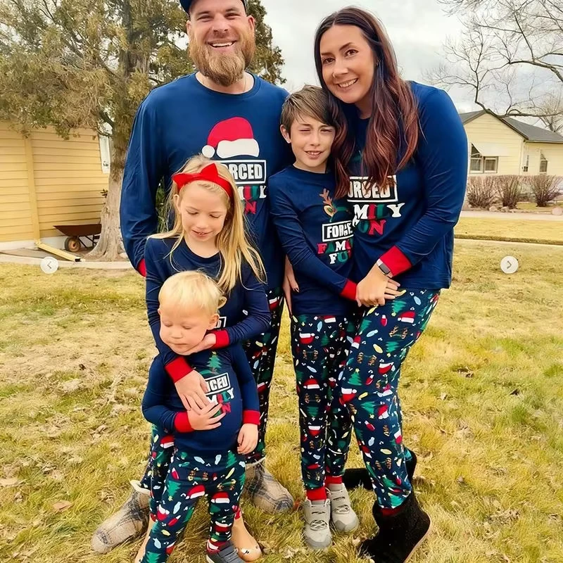 CHINEE Christmas Family Matching Pajamas Set Letter Print Parent Child Long Sleeve Sleepwear Cotton Home Clothes