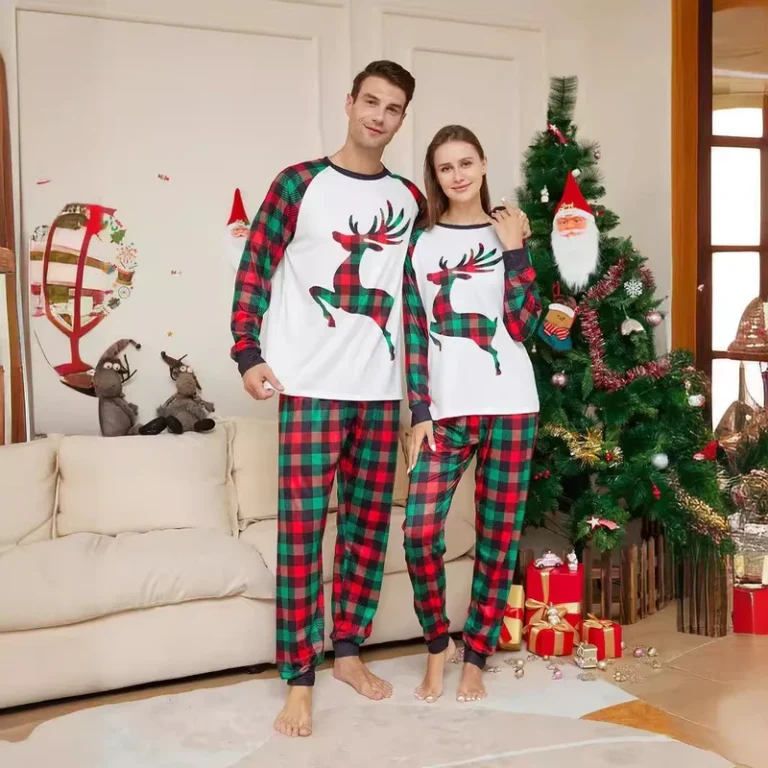 CHINEE-Christmas-Family-Matching-Plaid-Reindeer-Pajamas-Cozy-Sleepwear-for-Couples-and-Kids-with-Front-Logo