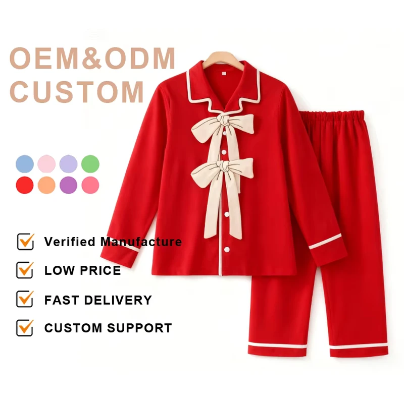 CHINEE Christmas Family Matching Sleepwear Clothing Sets Kids Pyjamas With Bow Custom Print Girls Cotton Pajamas Set
