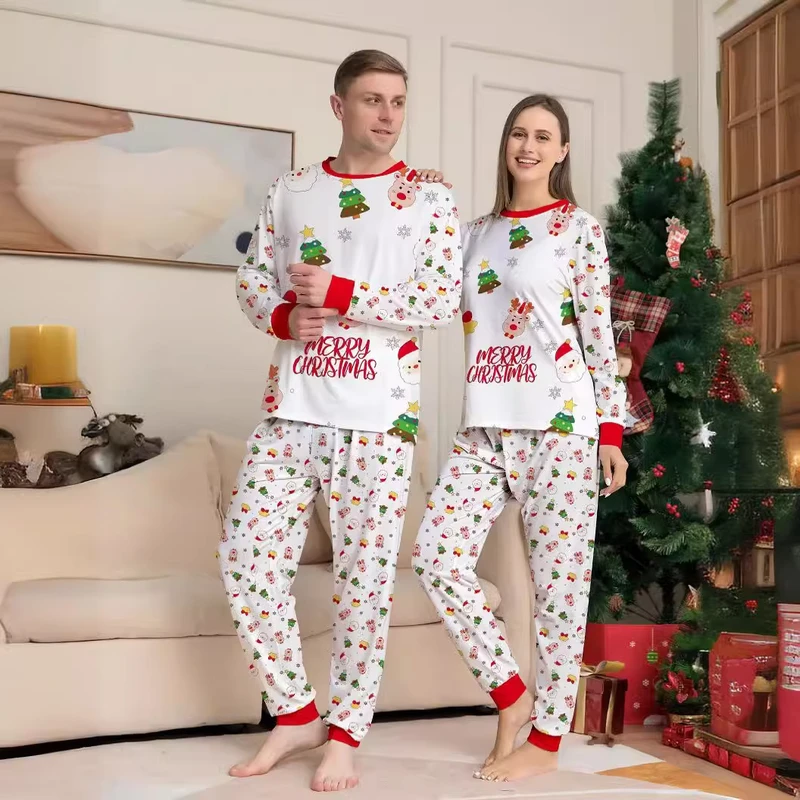 CHINEE Christmas Family Pet Cartoon Pattern Tree Santa Front Logo Elastic Waist Parent Pajamas Set Outfit Women Sleeper