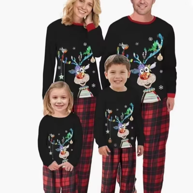 CHINEE Christmas Fun Reindeer Print Matching Family Pajamas Long Sleeve Black Top Red Plaid Pants Parent Child Sleepwear