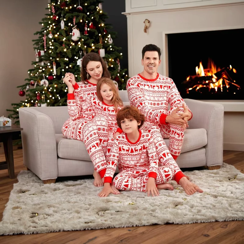 CHINEE Christmas Matching Family Pajamas Santa Elk Print Elastic Waist Adult Child Sleepwear Sets