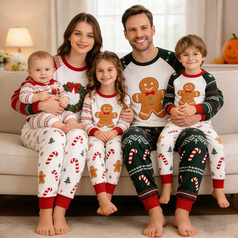CHINEE Christmas Pajamas Cute Gingerbread & Candy Cane Sleepwear Printed Family Matching Loungewear Set