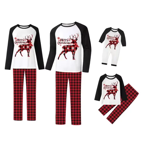 CHINEE Christmas Pajamas Family Big Cartoon Print T Shirt Plaid Pants Suit Family Pajamas Set New Year