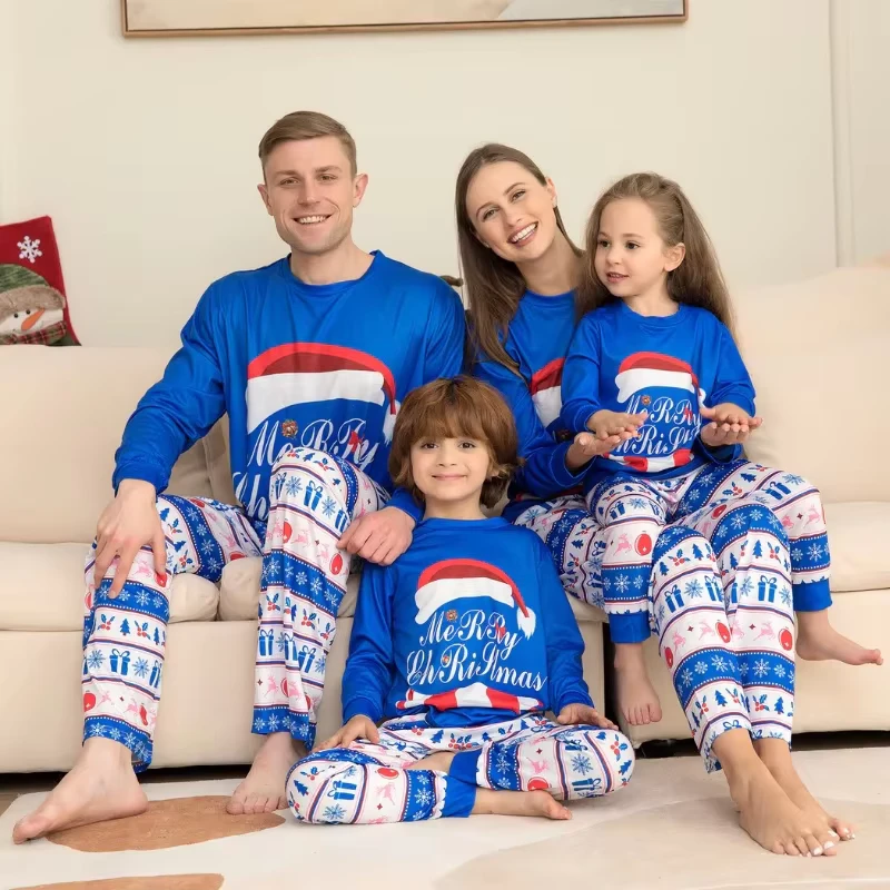 CHINEE Christmas Pajamas Family Matching Set Blue Printed Long Sleeve Cotton Pajamas Winter Cozy Sleepwear for Women Men Kids