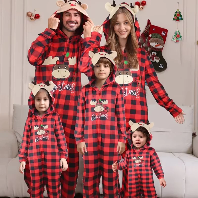 CHINEE Christmas Parent kid Zippered Thermal Elegant Jumpsuit Sleepwear Deer Printed Hooded Onesie Pajamas Matching Family Outfits