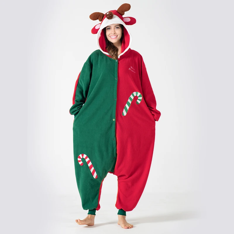 CHINEE Christmas Polar Fleece Plush Robe Printed Sleepwear Unisex Thickened Warm Soft Hooded Pajamas Adult Onesie Pajama
