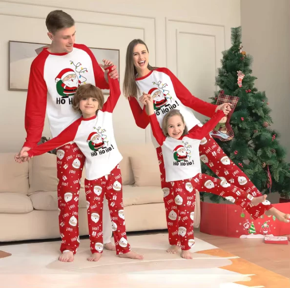 CHINEE Christmas Santa Print Family Matching Pajamas Set Round Neck Raglan Sleeve Red White Contrast Loungewear