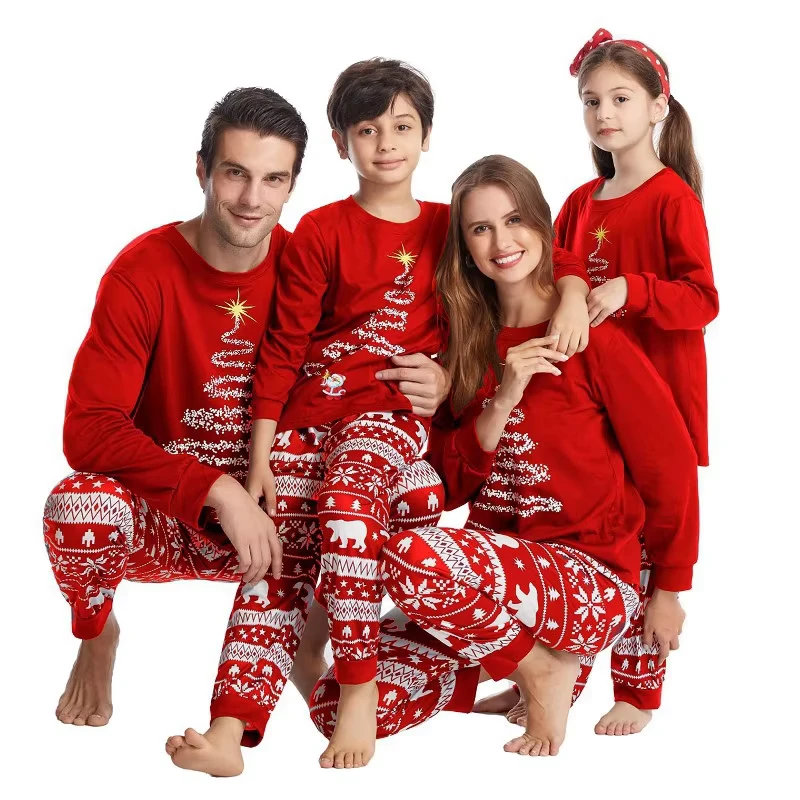 CHINEE Christmas Thermal Family Matching Floral Pattern Knitted Polyester Cotton Pajamas Set Women Men Kids Autumn