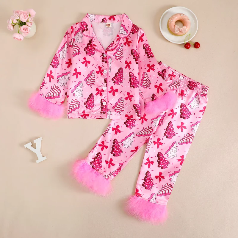 CHINEE Christmas Toddler Kid Girls Feather Trim Sleepwear Loungewear Pajamas Christmas Baby Girls Satin Silk Feather Pajamas Set
