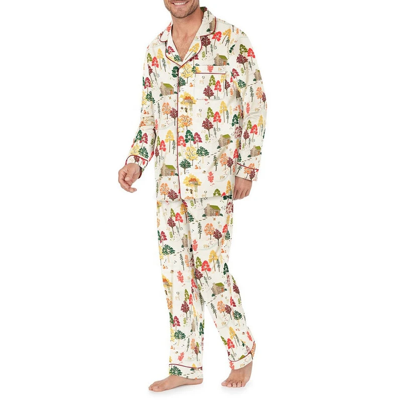 CHINEE Classic Design Customizable Men's Satin Sleepwear Breathable Lightweight Quick Dry Long Sleeve Lounge Set