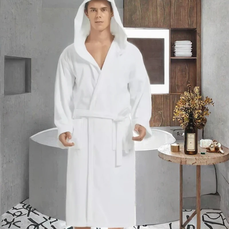CHINEE Classic Men's Women's Robe with Hood 100% Cotton Terry Cloth Bathrobe Soft Knee Length for Hotel Use for Summer Autumn Spring
