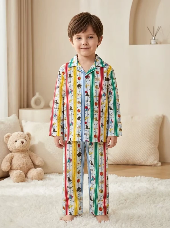 CHINEE Colorful Printed Cotton Pajama Set Long Sleeve Turn down Collar Button Closure for Baby Boys Casual Sleepwear