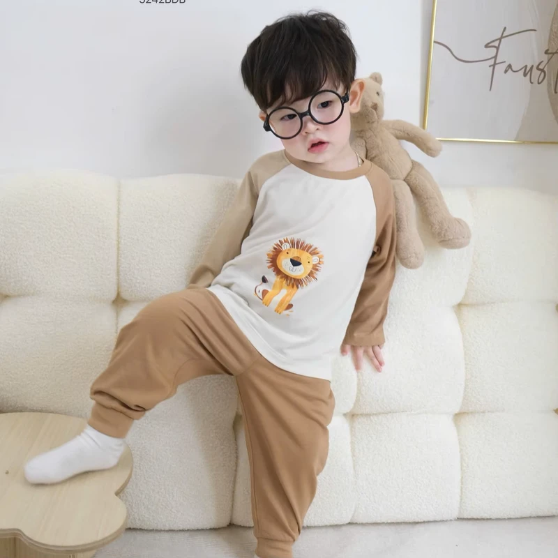 CHINEE Comfortable Cotton Eco Friendly Anti Wrinkle Winter Set Boys Long Sleeved Shirts Baggy Pants Cartoon Solid Toddler Clothes