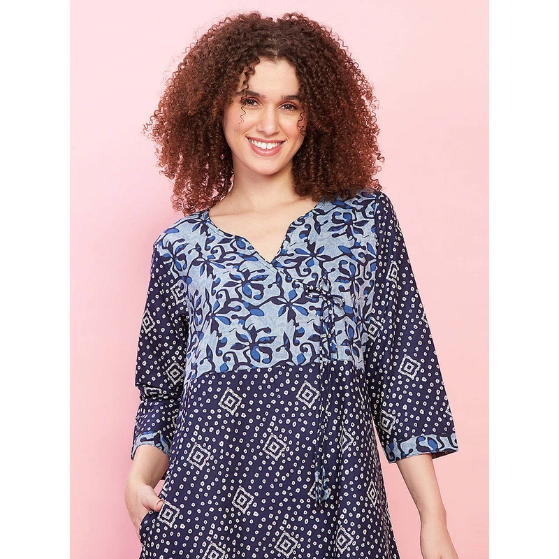 CHINEE Comfortable Cotton Spandex Long Nightgown Casual Style Breathable Printed Nightdress Bow Collar Button for Home Use